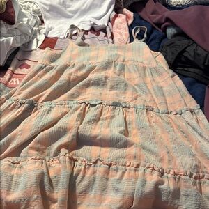 Entro Peach and Blue Striped Casual Kids Dress